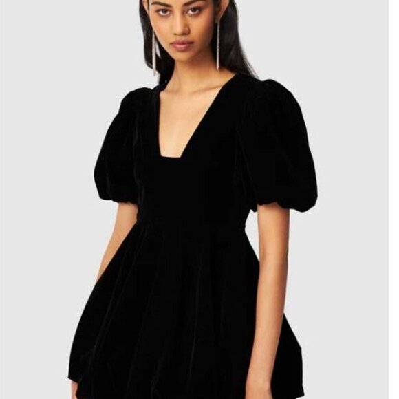 Zara Dress Black Mini V Neck Puffer Sleeves Balloon Bottom Velvet Size M - Picture 5 of 5